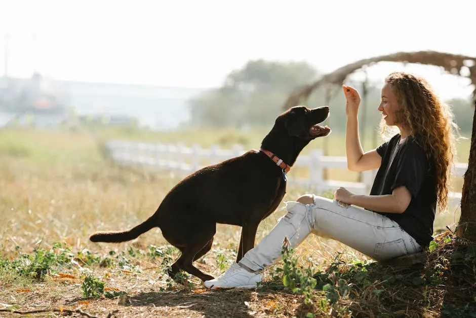 A woman interacts playfully with her Labrador dog in a sunny outdoor setting, showcasing joy and companionship.