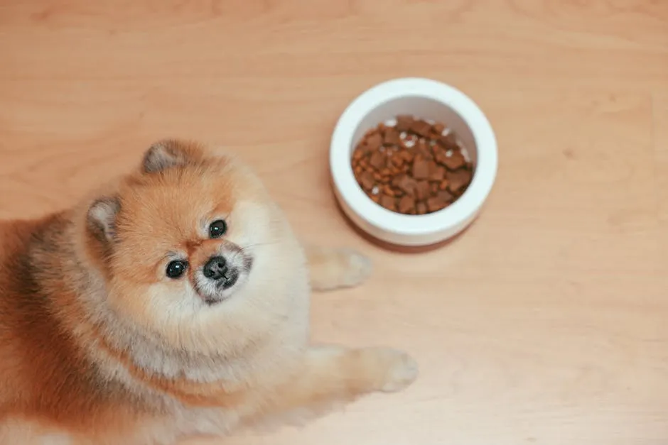 Cute Pomeranian dog next to a food bowl on a wooden floor, looking up indoors.