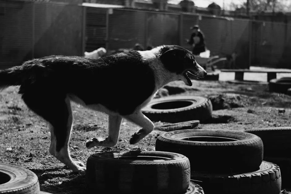 Black and White Photograph of a Dog Near Tires
