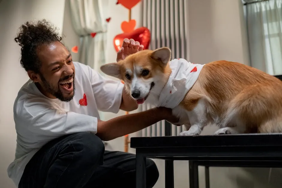 Man Smiling with Dog on Table