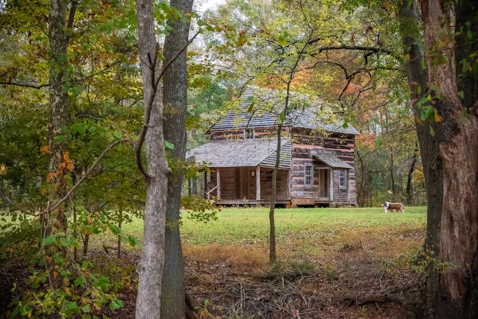 Charming log cabin surrounded by autumn forest with a dog in the yard.
