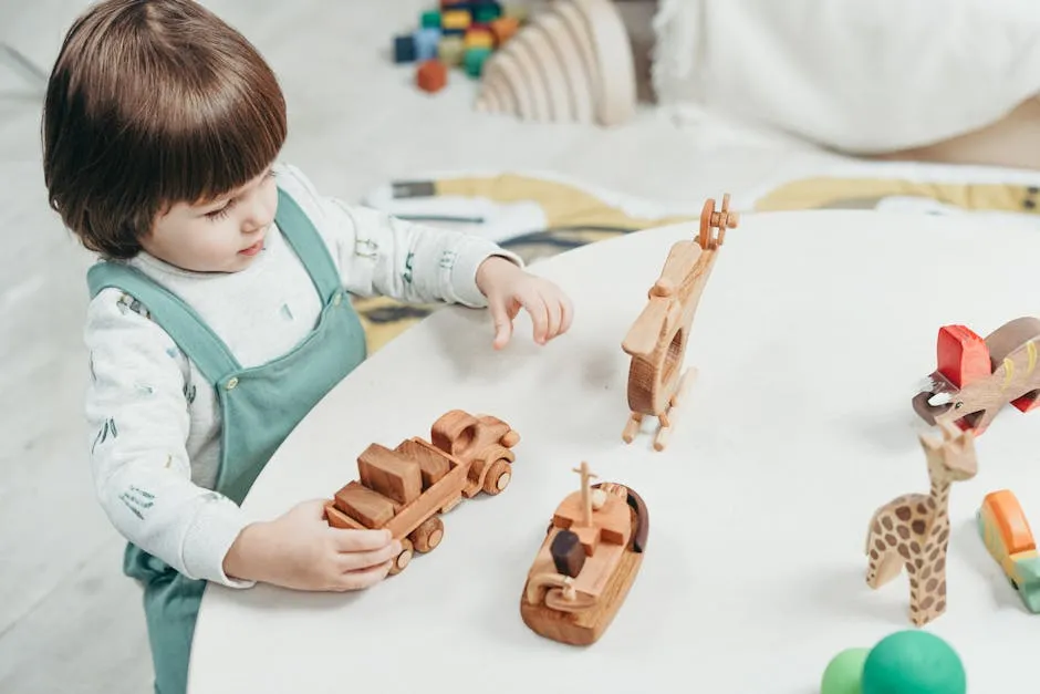 Boy in White and Green Long Sleeve Shirt Playing Brown Wooden Toys