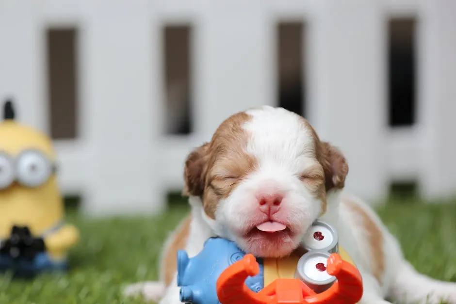 A cute puppy lies on green grass surrounded by colorful toys near a fence.