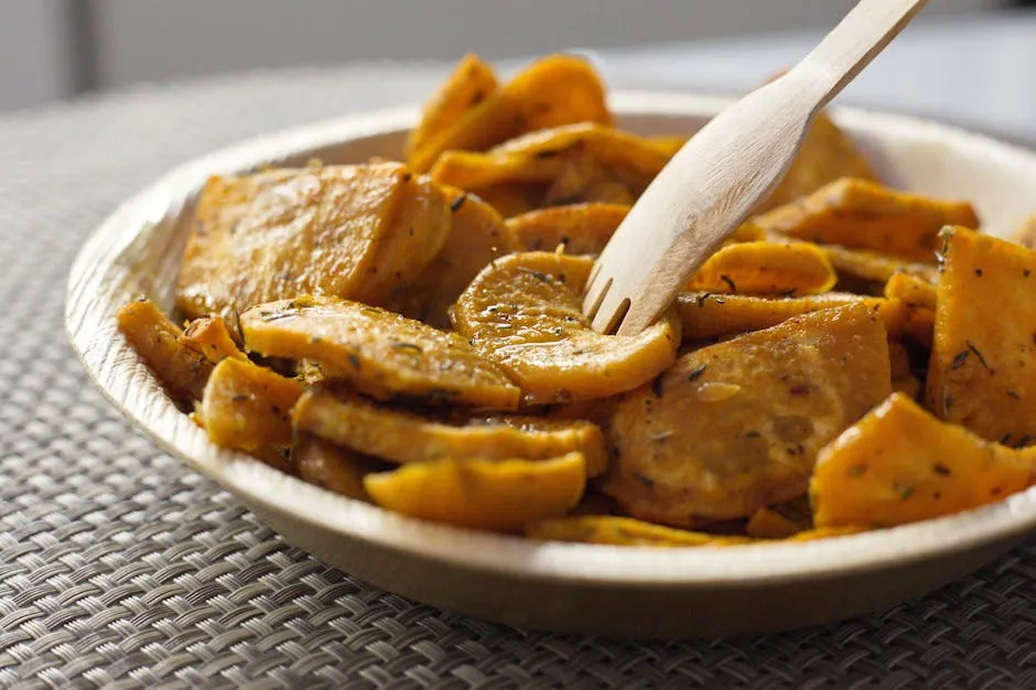Closeup of bowl full of crispy baked sweet potatoes with herbs and eco friendly bamboo fork