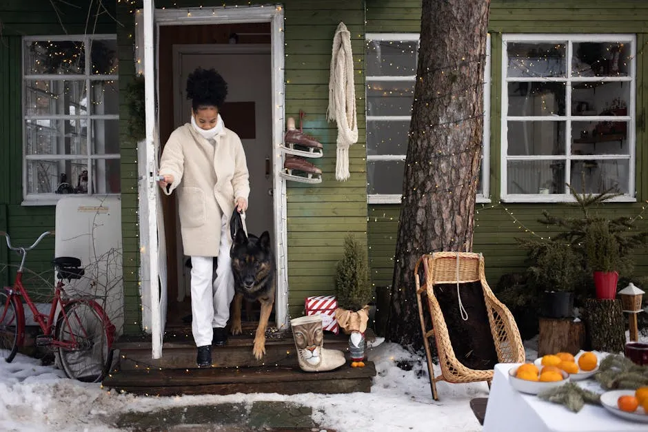 A Woman and a Dog Walking out of a Door