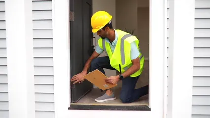 Horizontal video: A man inspecting the door hinges 8293308. Duration: 17 seconds. Resolution: 1920x1080
