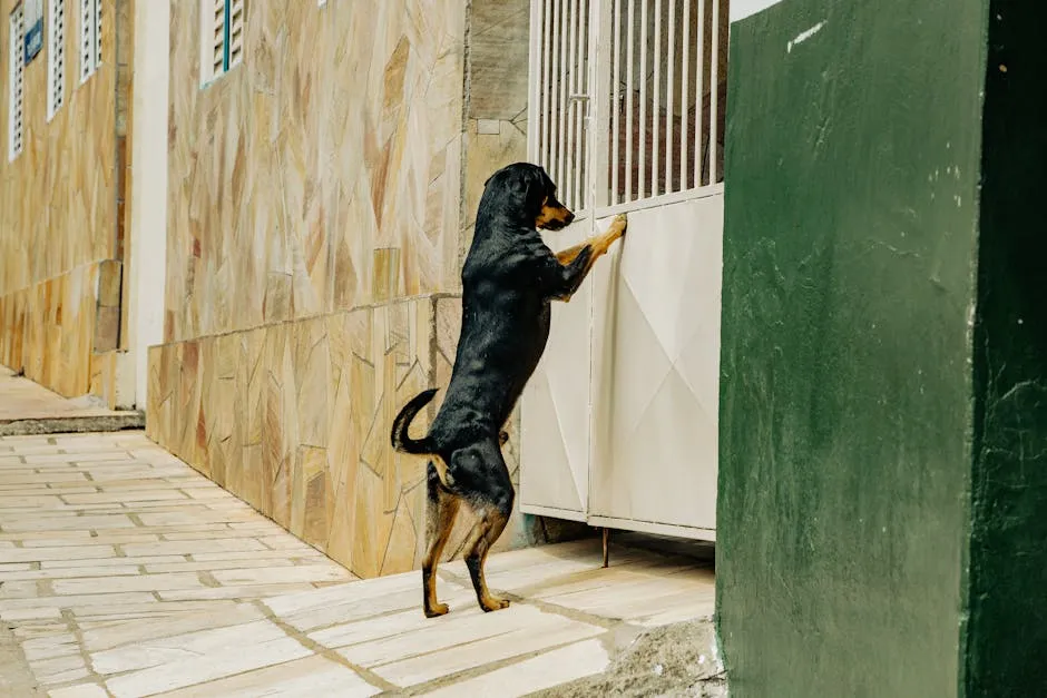 Black and Brown Dog Standing In Front of a Gate  