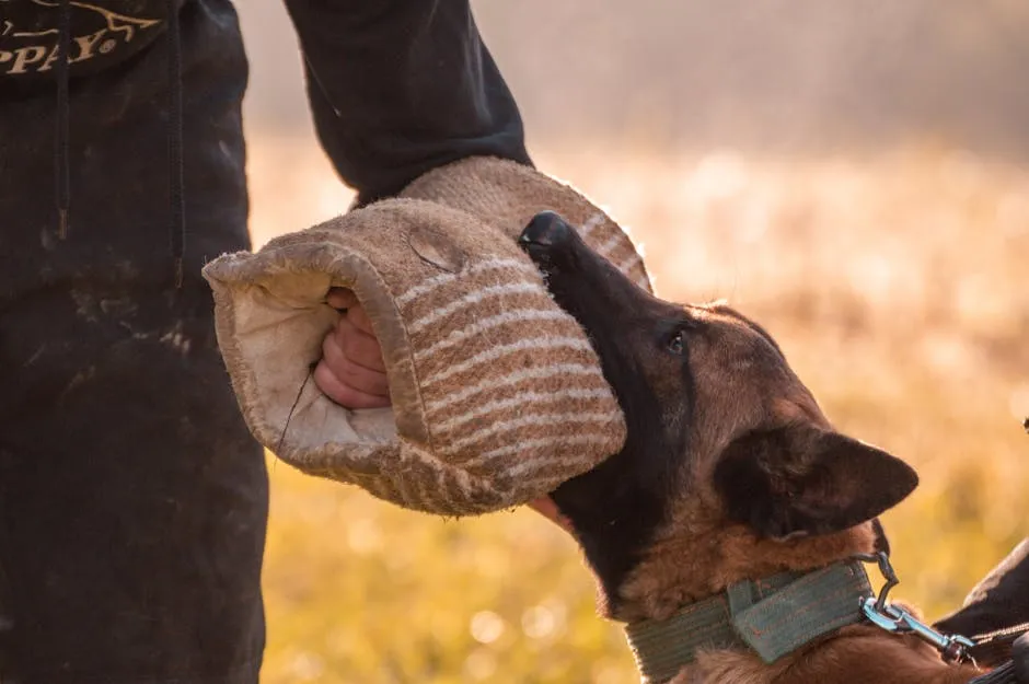 A Belgian Malinois dog practices biting training with a trainer using a bite sleeve outdoors.