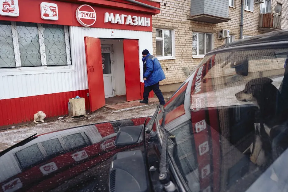 A man in a blue coat enters a red store while a dog watches from a car parked nearby.