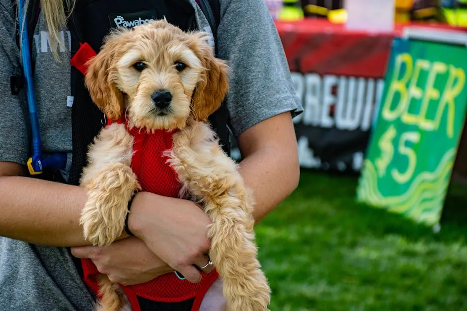 Cute puppy in a carrier at an outdoor festival with colorful signs.