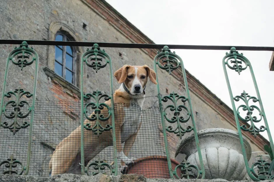 Dog Looking through Steel Fence