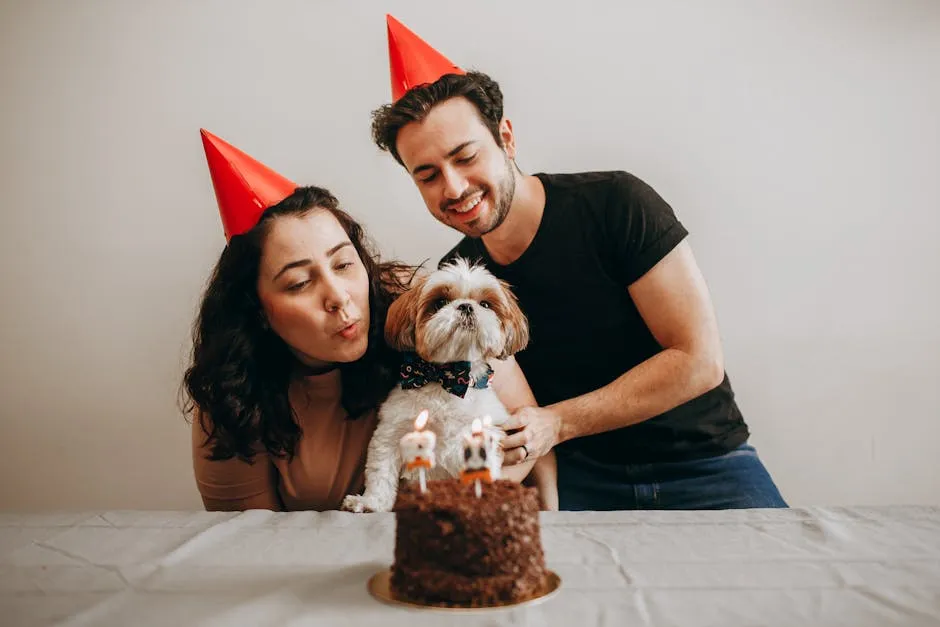 Couple with Dog Blowing Candles on Birthday Cake