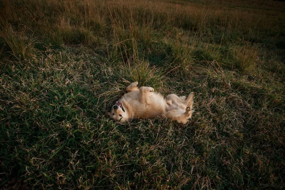 Golden Retriever chilling on grass with mouth opened