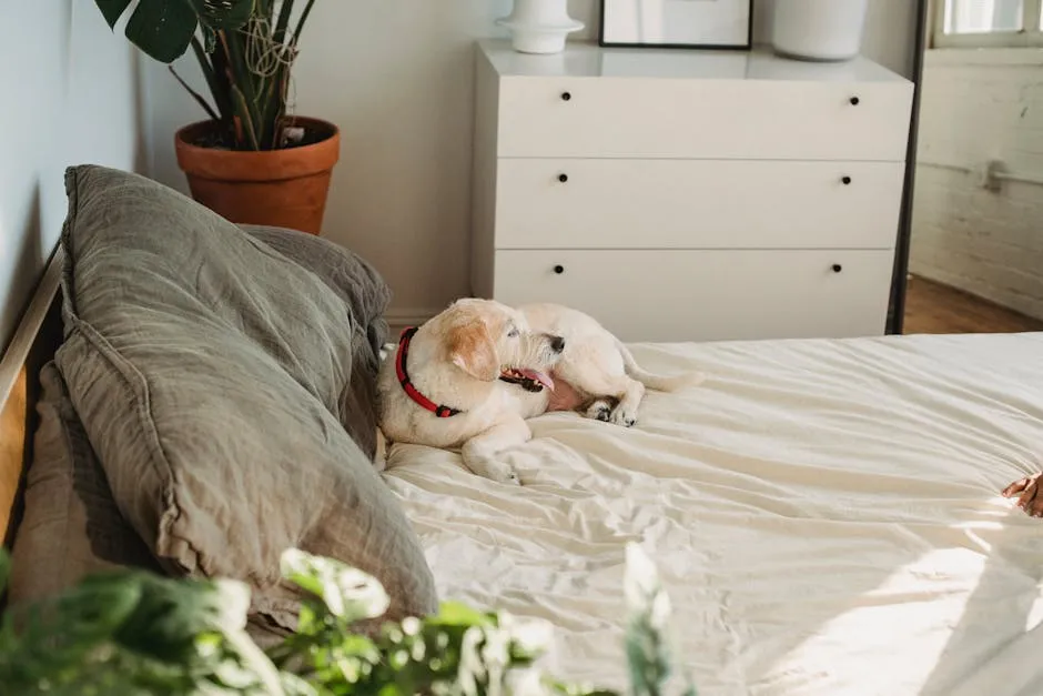 Content dog in collar lying with tongue out on crumpled bed sheet near pillows in house in sunlight