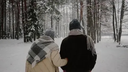 Horizontal video: A couple walking through the snow in the woods 6503161. Duration: 42 seconds. Resolution: 1920x1080