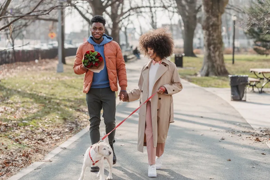 Full body of positive African American couple promenading with adorable fluffy funny dog in park