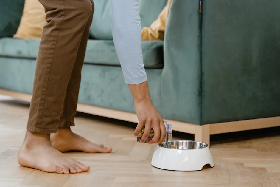 A person pours dog food into a stainless steel bowl in a cozy living room setting.