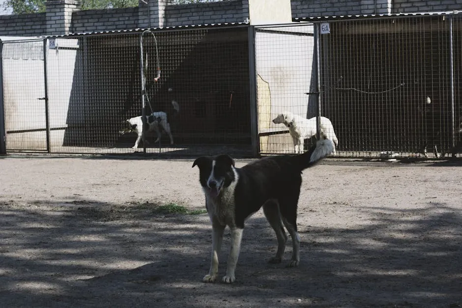 Photograph of a Black and White Border Collie Near Cages