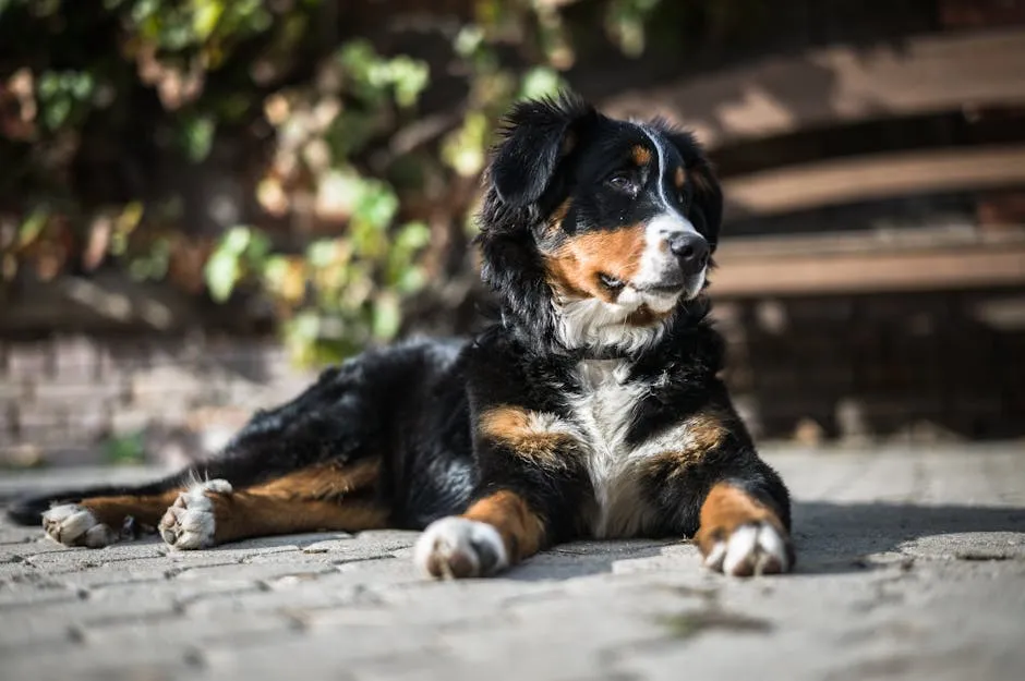 Cute Bernese Mountain Dog puppy resting on a sunny day, showcasing its fluffy coat and playful demeanor.