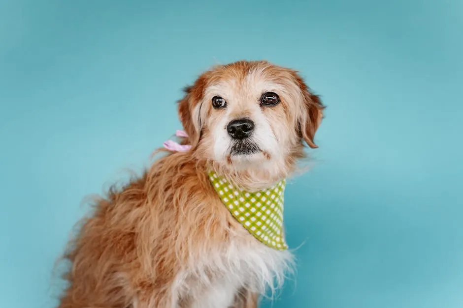 A cute terrier dog wearing a green bandana is posed against a vibrant blue backdrop.