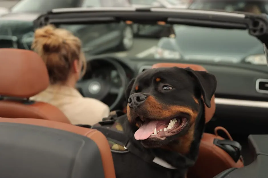 A happy Rottweiler dog in a convertible car with a woman driver in Jönköping, Sweden.