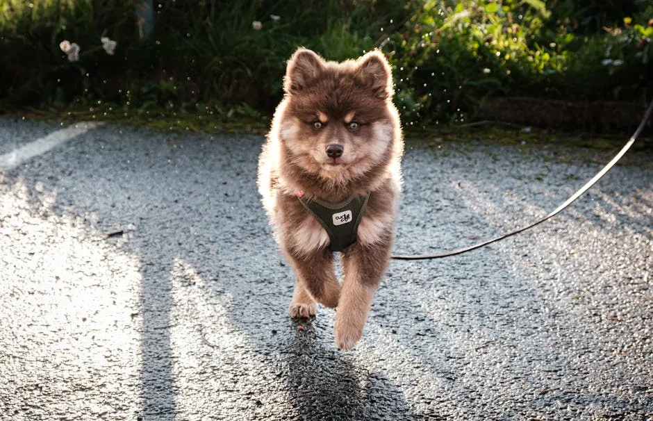 Adorable Finnish Lapphund puppy running on a leash outside in the morning sun.