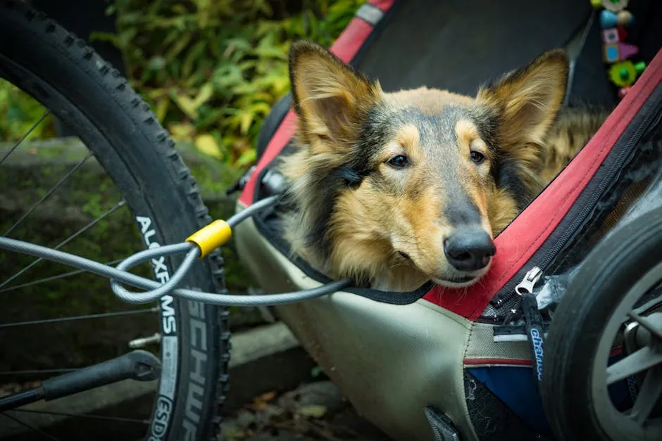 A Collie dog comfortably rests in a bicycle trailer, surrounded by lush greenery on a sunny day.