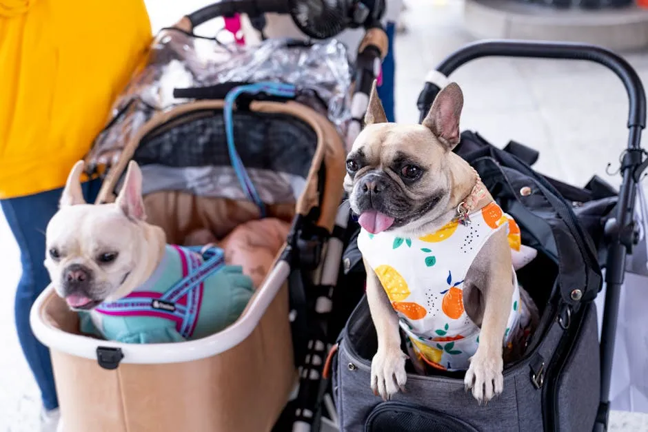 Two french bulldogs in strollers at an airport