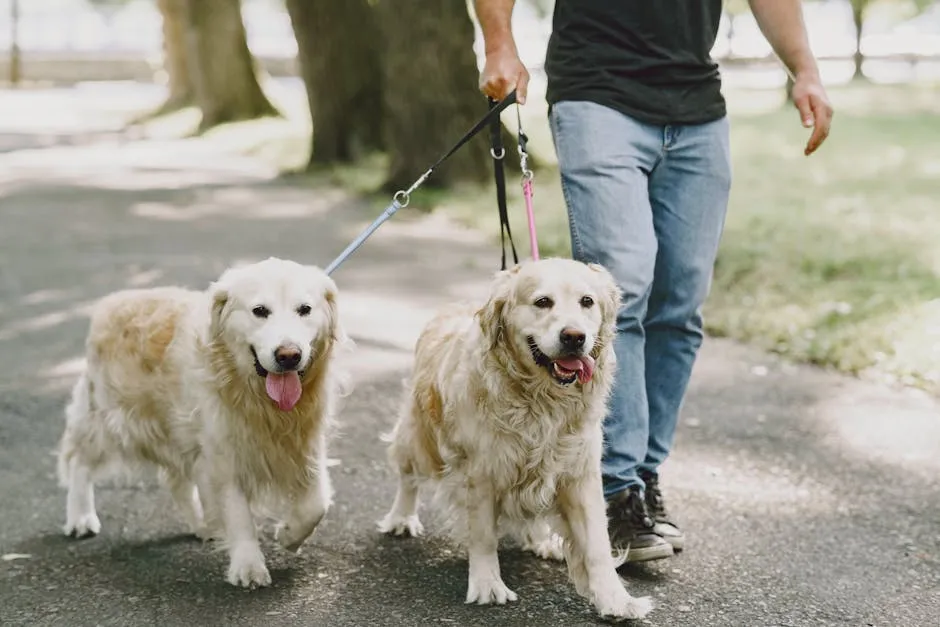 Two golden retrievers on a leash being walked by a man in a sunny park.