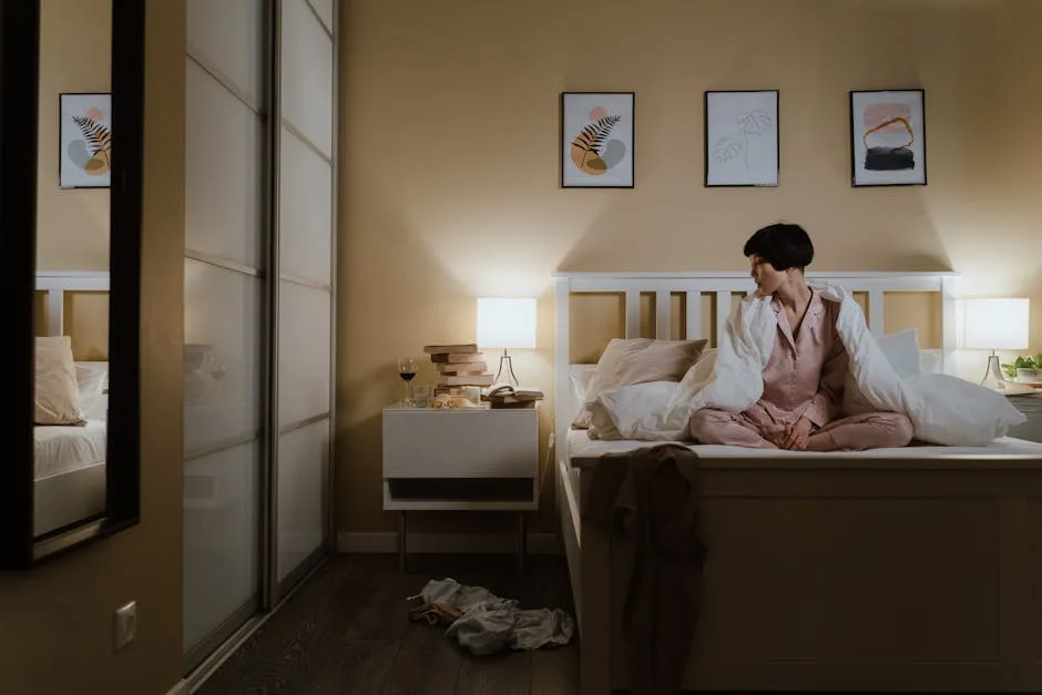 Asian woman in pajamas sitting on bed, warm bedroom ambiance lit by lamps, creating a cozy night atmosphere.