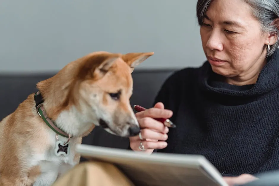 Close-up of a woman interacting with her dog while writing or drawing.