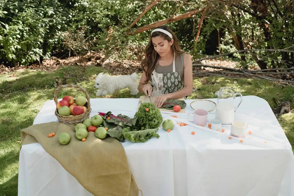 Woman cutting vegetables on a table outdoors with fresh produce and a playful dog nearby.