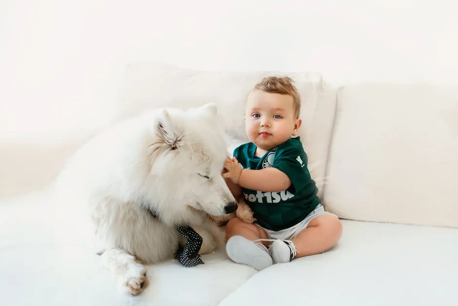 A White Dog and Baby Boy on a Sofa
