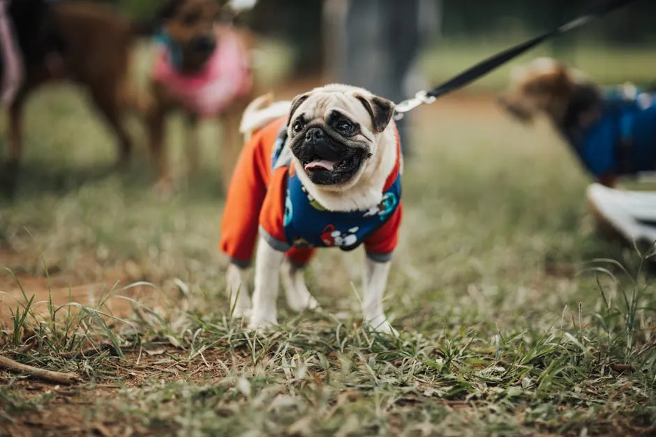 Cute pug dog wearing colorful clothes and leash at a lively outdoor park event.