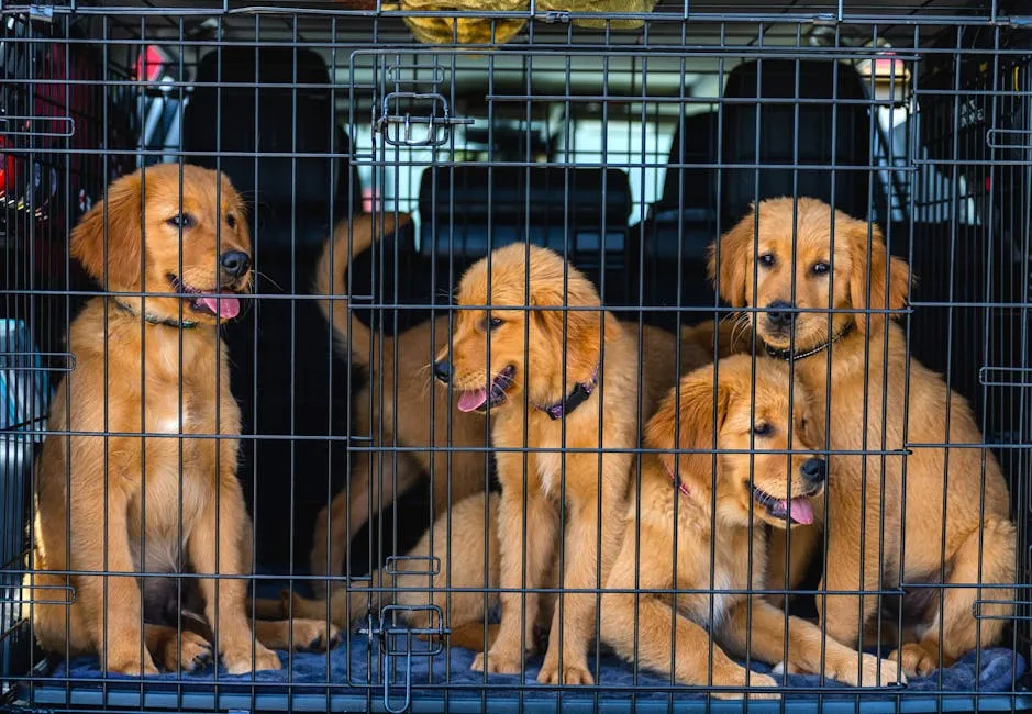 Four adorable Golden Retriever puppies inside a car cage, ready for travel. Perfect for pet lovers.