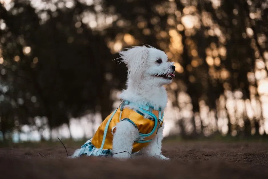 Cute white dog wearing a colorful vest sits on the ground during sunset with trees in the background.