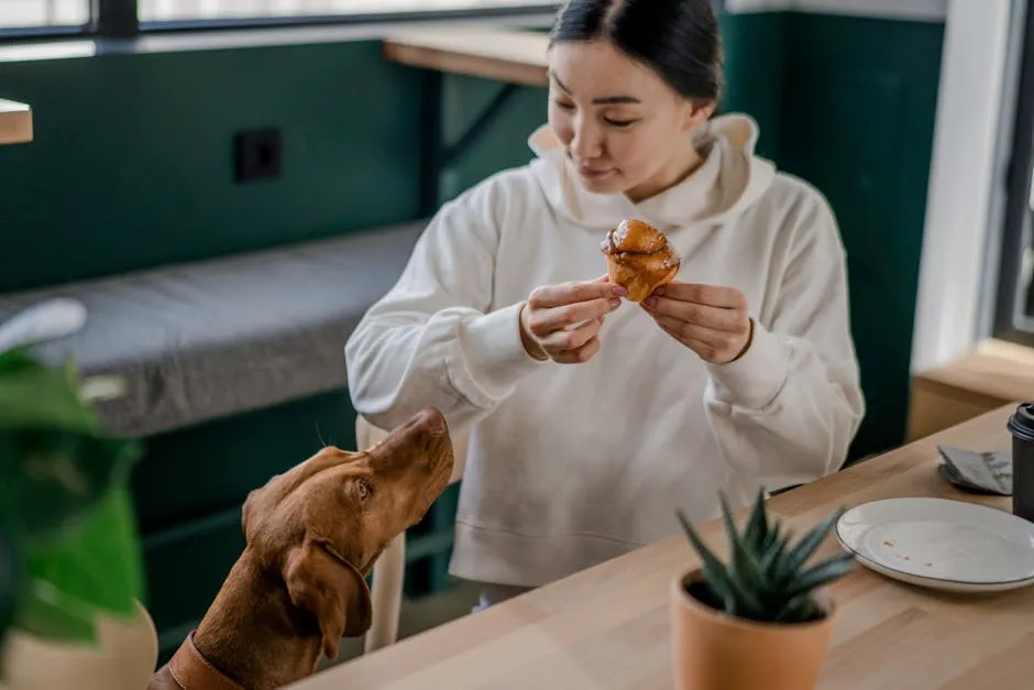 A woman in a hoodie offers a sweet dessert to an eager dog at a table indoors.
