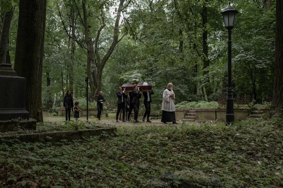 A funeral procession with mourners carrying a coffin through a serene forest cemetery.