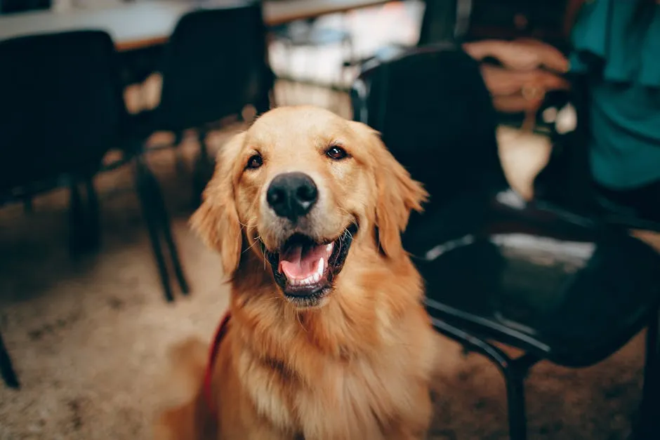 Charming golden retriever dog smiling indoors, showcasing its playful and friendly nature.