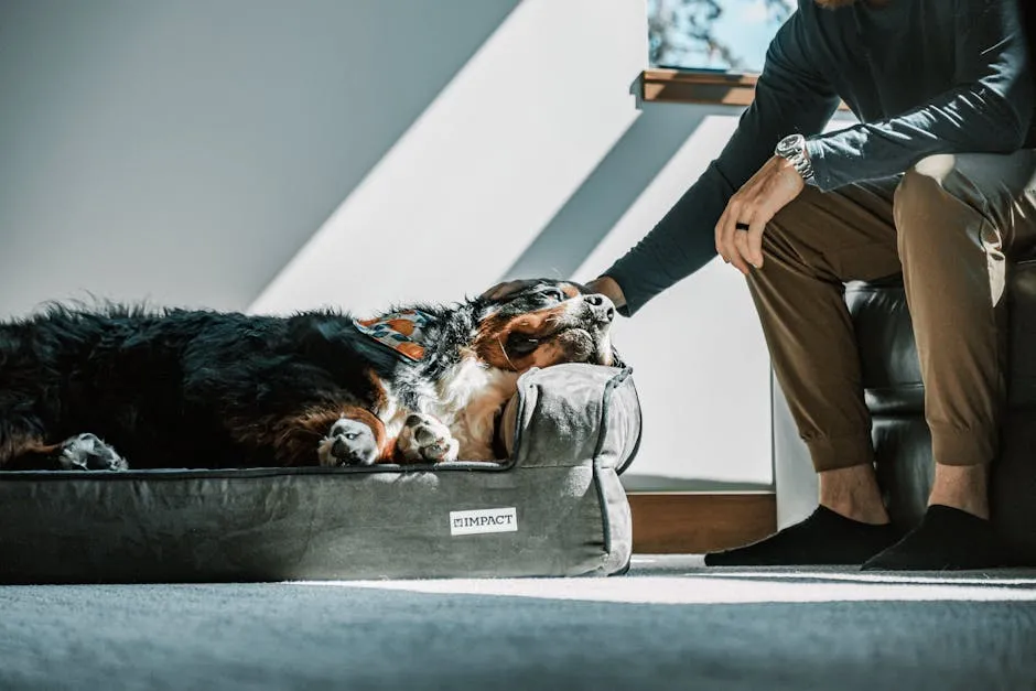 Charming Bernese Mountain Dog relaxes in stylish indoor space with cozy natural light.