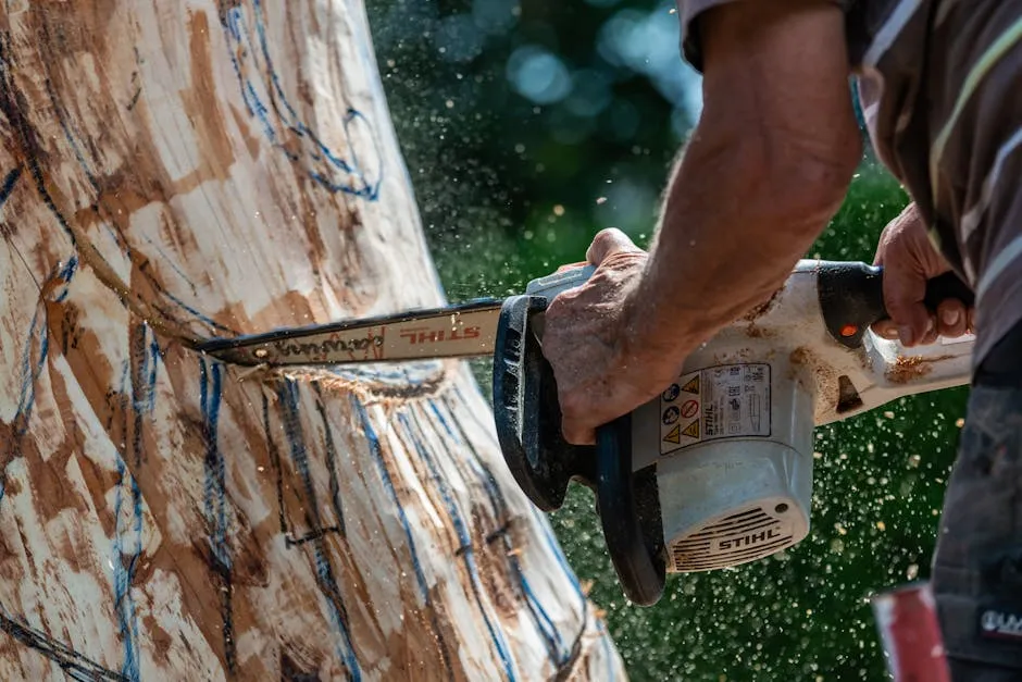 A craftsman using a chainsaw to intricately sculpt a wooden statue outdoors. Action and focus.