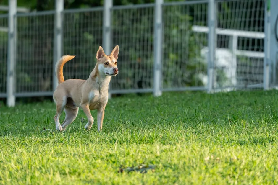 A lively dog stands alert on a lush green lawn by a fence, capturing attention in a park setting.