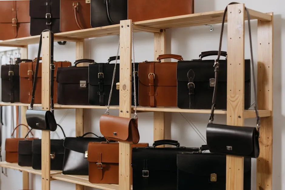 A stylish selection of leather bags showcased on wooden shelves, emphasizing luxury fashion accessories.