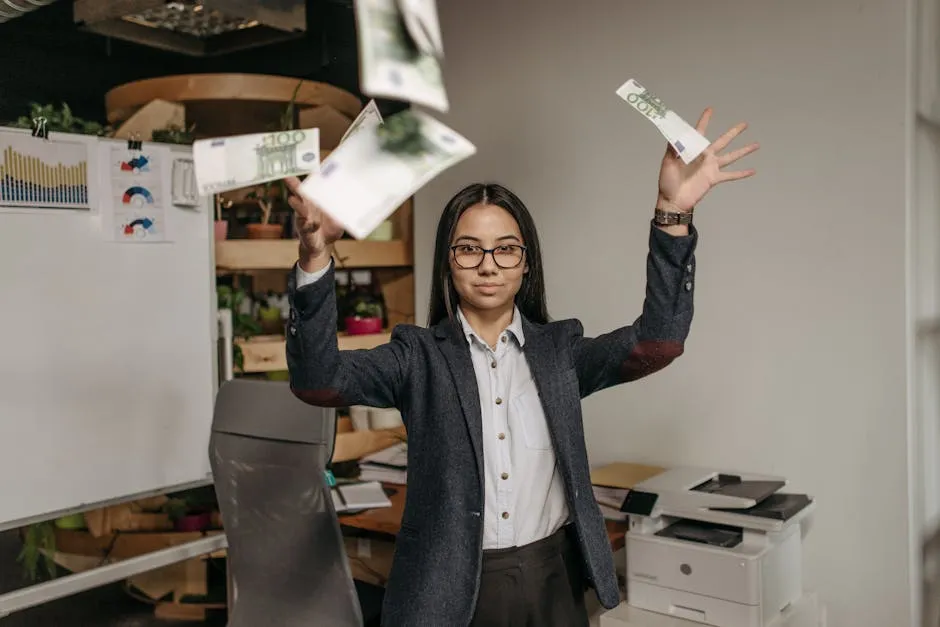 Confident businesswoman in formal attire playfully tossing euro bills in a modern office setting.