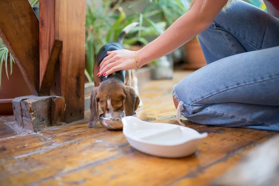 A beagle puppy being fed by a woman on a wooden floor indoors, Portugal.