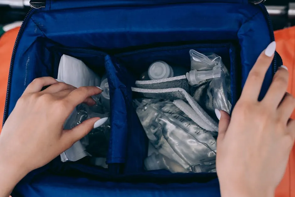 Close-up of hands opening a medical kit with emergency equipment, showcasing essential preparedness.