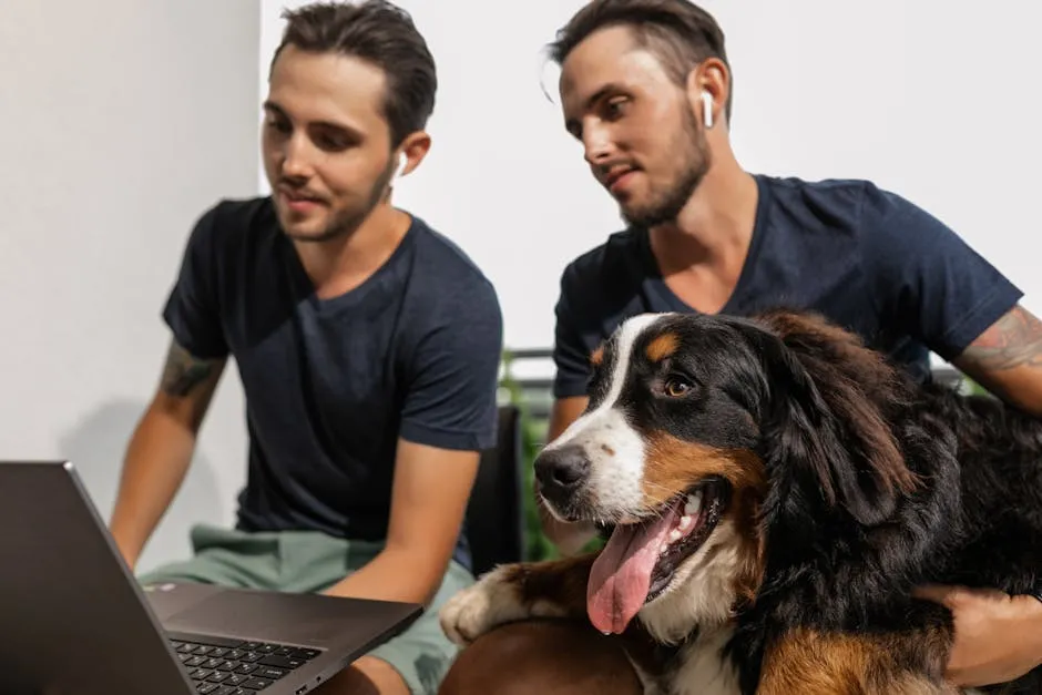 Two men relaxing with a Bernese Mountain Dog while using a laptop indoors.