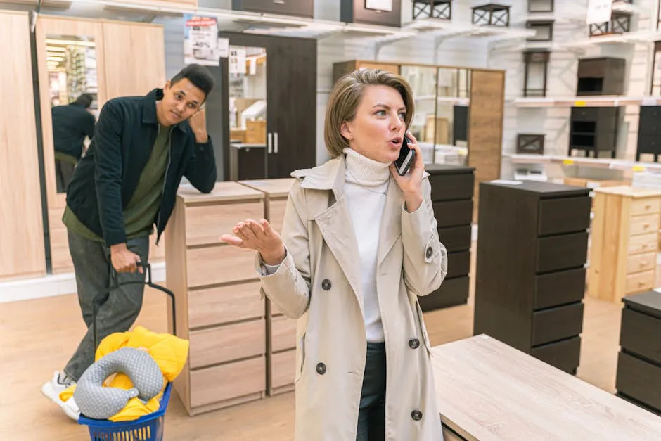 Woman on phone in a furniture store, expressing urgency with a shopping customer nearby.