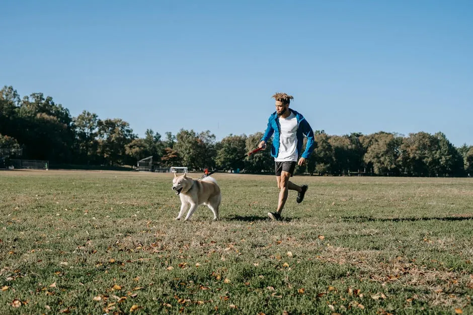 Ethnic male in casual clothes running on green lawn with adorable dog in sunny park