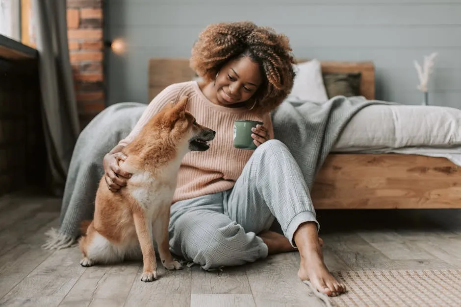 Woman enjoying a warm drink with her Shiba Inu dog at home, exuding comfort and happiness.